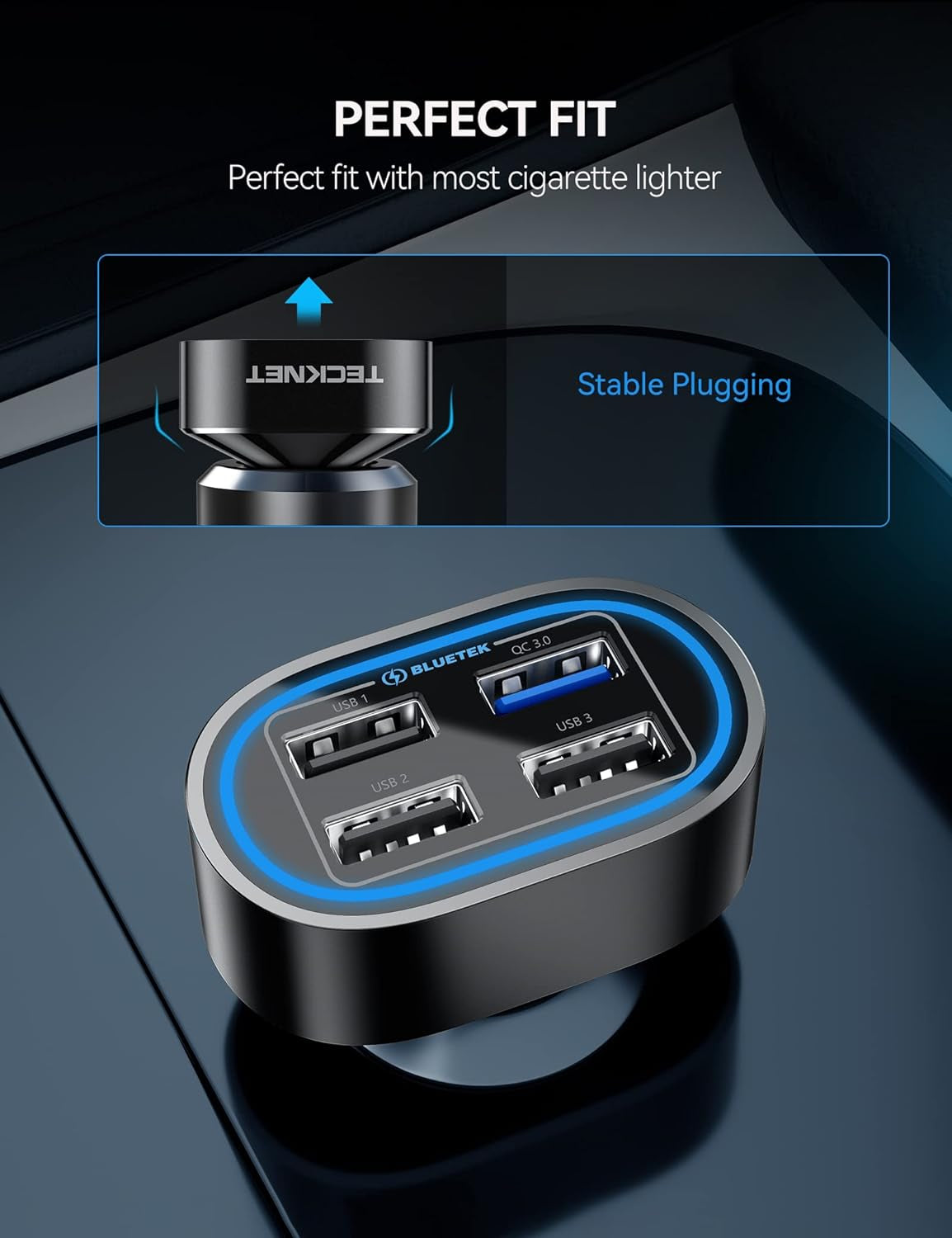 USB Car Charger, 54W 4-Port Car USB Charger Multi Port Adapter, QC 3.0 Cigarette Lighter Fast Charging Adapter, Compatible with Iphone 15 Pro Max/15 Plus/15/14/13 Galaxy