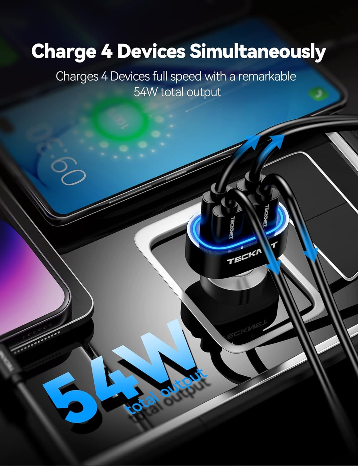 USB Car Charger, 54W 4-Port Car USB Charger Multi Port Adapter, QC 3.0 Cigarette Lighter Fast Charging Adapter, Compatible with Iphone 15 Pro Max/15 Plus/15/14/13 Galaxy