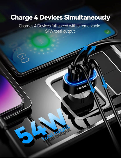 USB Car Charger, 54W 4-Port Car USB Charger Multi Port Adapter, QC 3.0 Cigarette Lighter Fast Charging Adapter, Compatible with Iphone 15 Pro Max/15 Plus/15/14/13 Galaxy