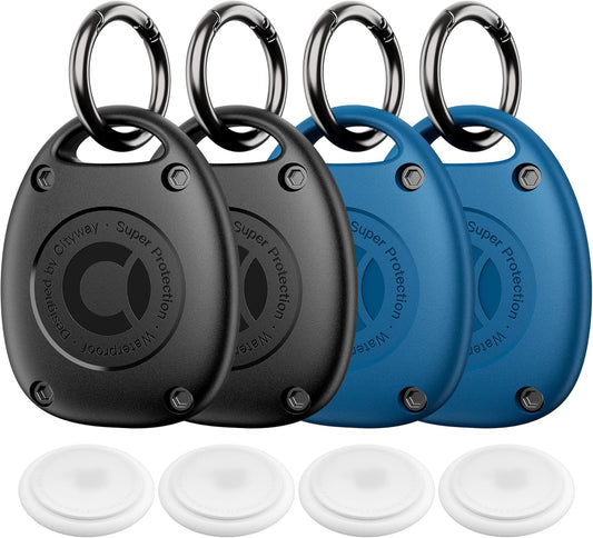 (4 Pack) for Airtag Keychain Holder Case | IPX8 Waterproof, Ultra-Compact | Portable Air Tag Holder Cover for Backpack, Keys, Luggage - 2 Black/2 Blue