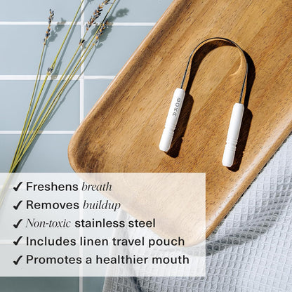 Tongue Scraper for Adults & Kids with Case - Stainless Steel Tongue Cleaner W/Linen Travel Pouch - Scrubber to Remove Tongue Buildup and Freshens Breath (Pack of 1)